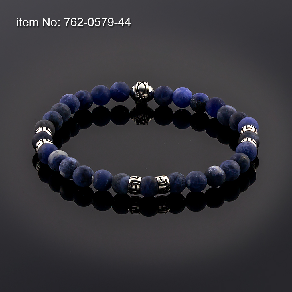 Bracelet Lapis Lazuli Beads 6mm with sterling silver Greek Key design tied with elastic cord