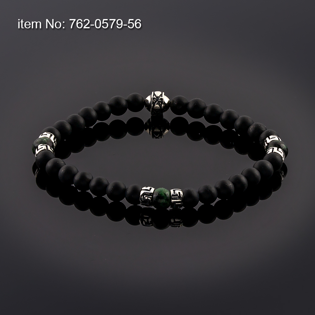 Bracelet Black Onyx and Hematite Beads 6mm with sterling silver Greek Key design tied with elastic cord