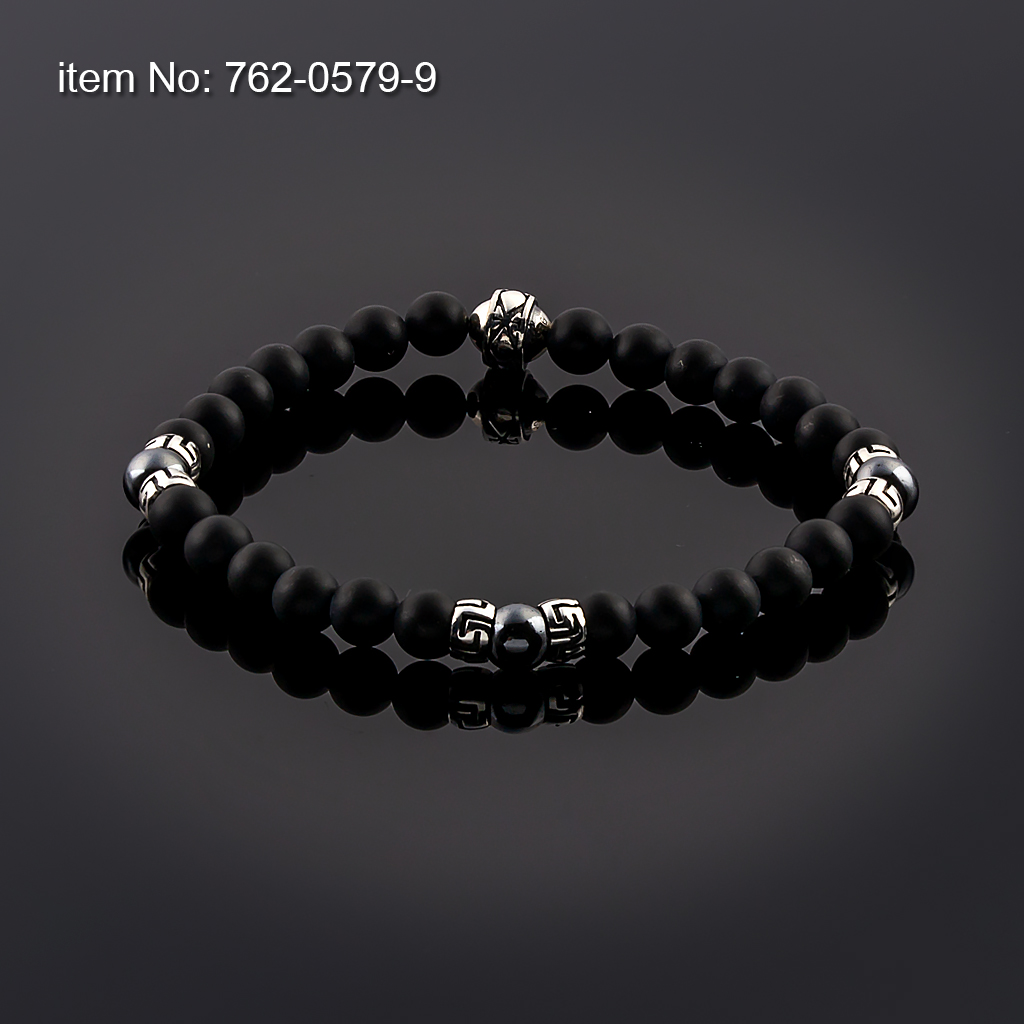 Bracelet Black Onyx Beads 6mm with sterling silver Greek Key design tied with elastic cord