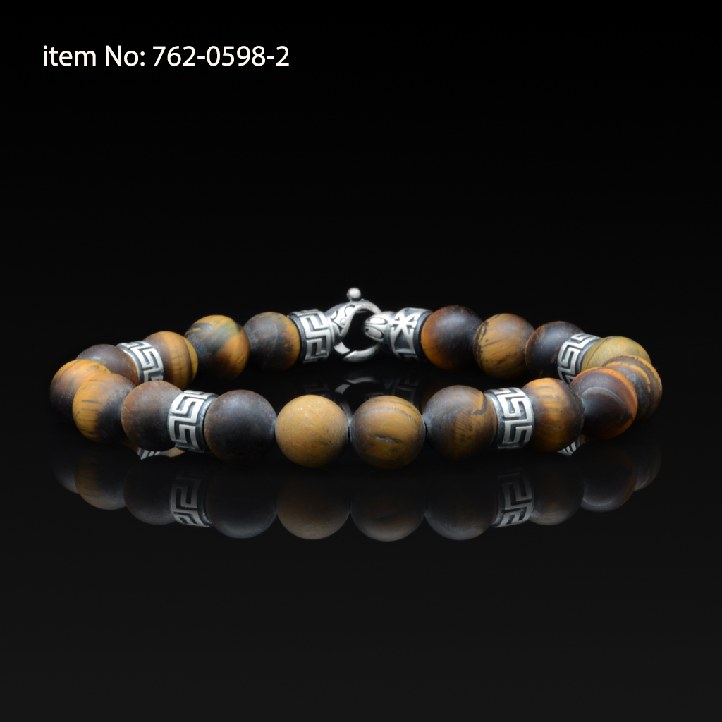 Sterling Silver bracelet with meanders motifs and tiger eye beads