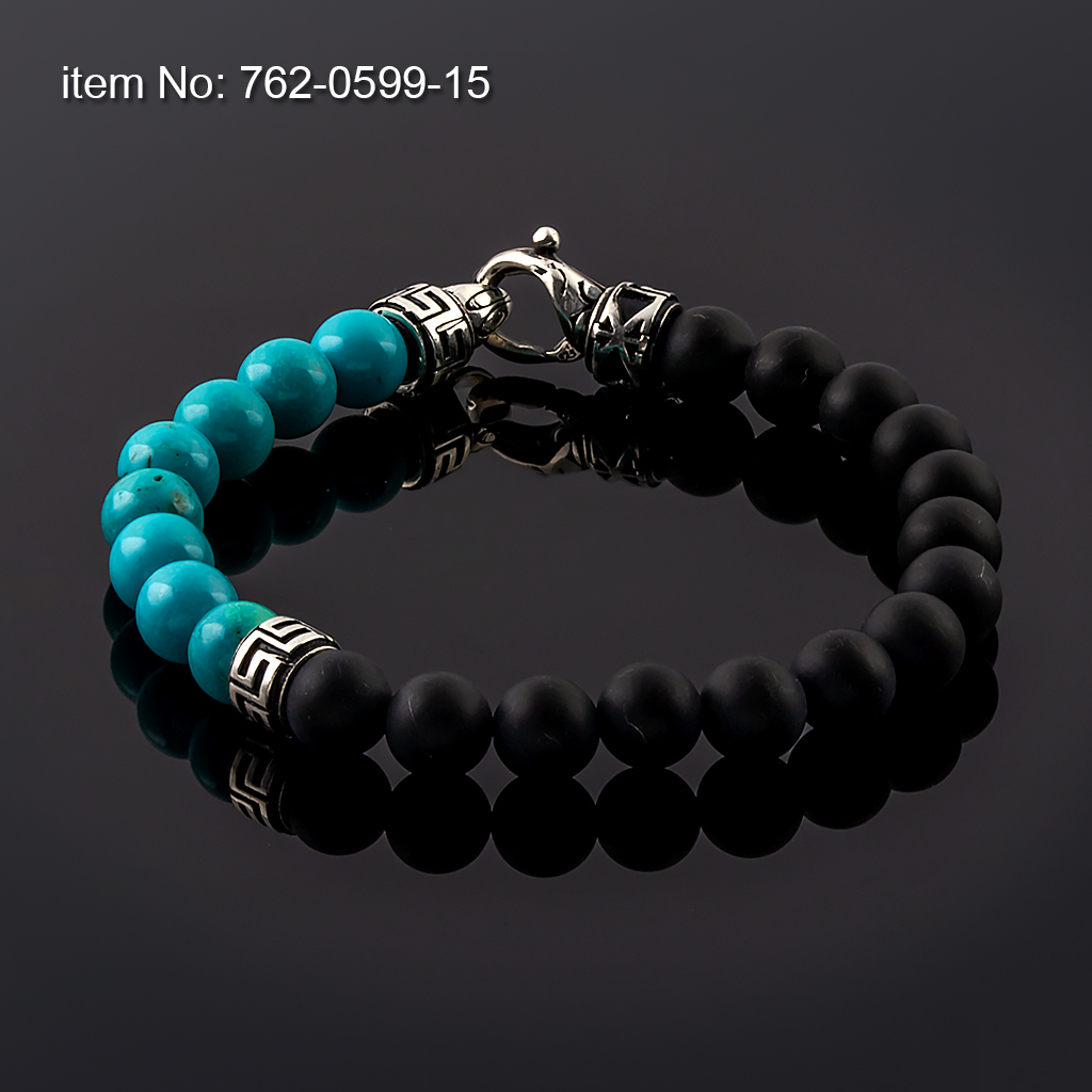 Βραχιόλι με ασημένια μοτίφ μαίανδρους με Turquoise και Black Onyx Χάντρες