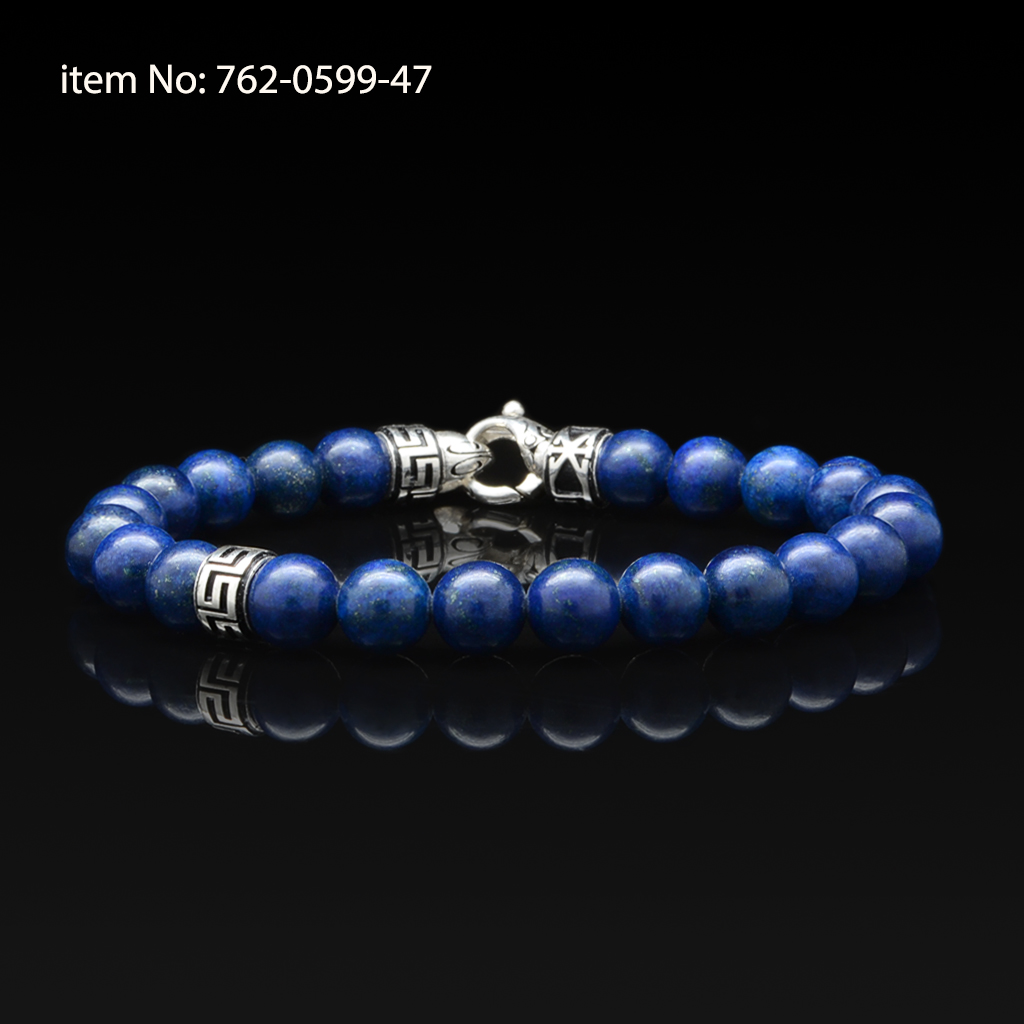 Sterling Silver bracelet with meanders motif and lapis lazuli beads