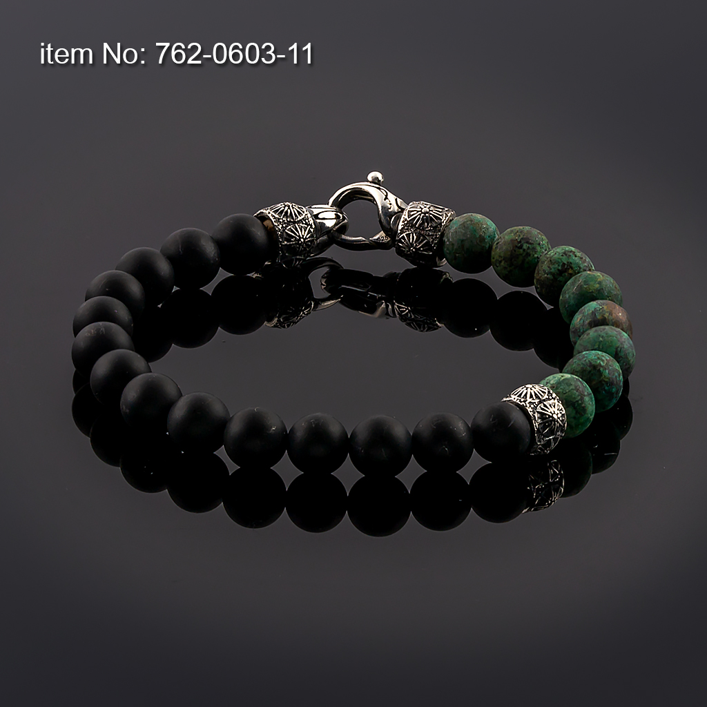 Bracelet with Sterling Silver Sun of Vergina motif on Hematite and Black Onyx beads