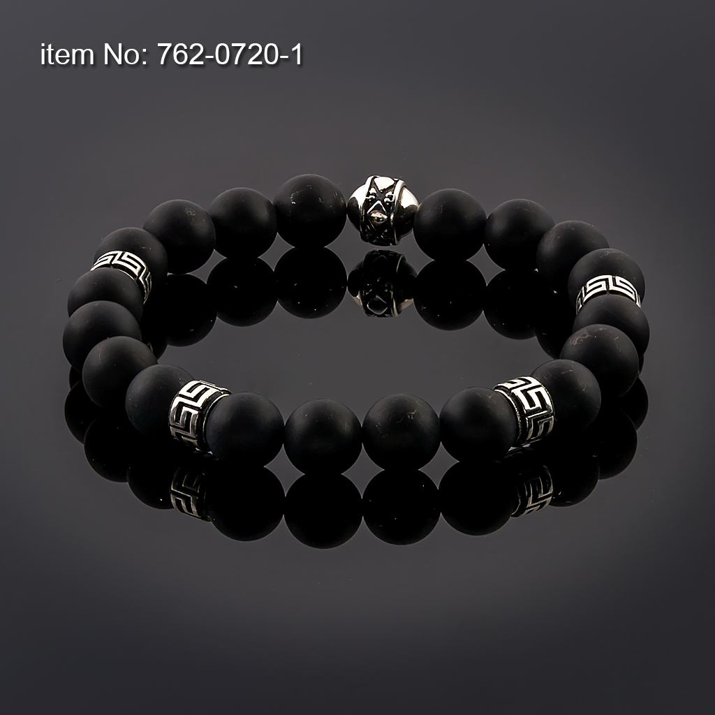 Sterling Silver Bracelet with meanders motif and 10mm Black Onyx Beads flexible