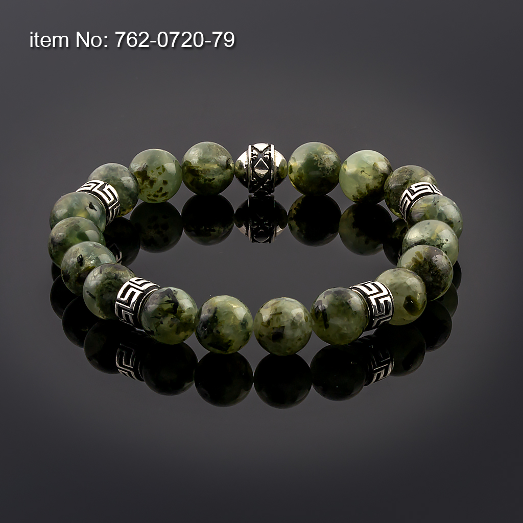 Sterling Silver Bracelet with meanders motif and 10mm Hematite Beads flexible