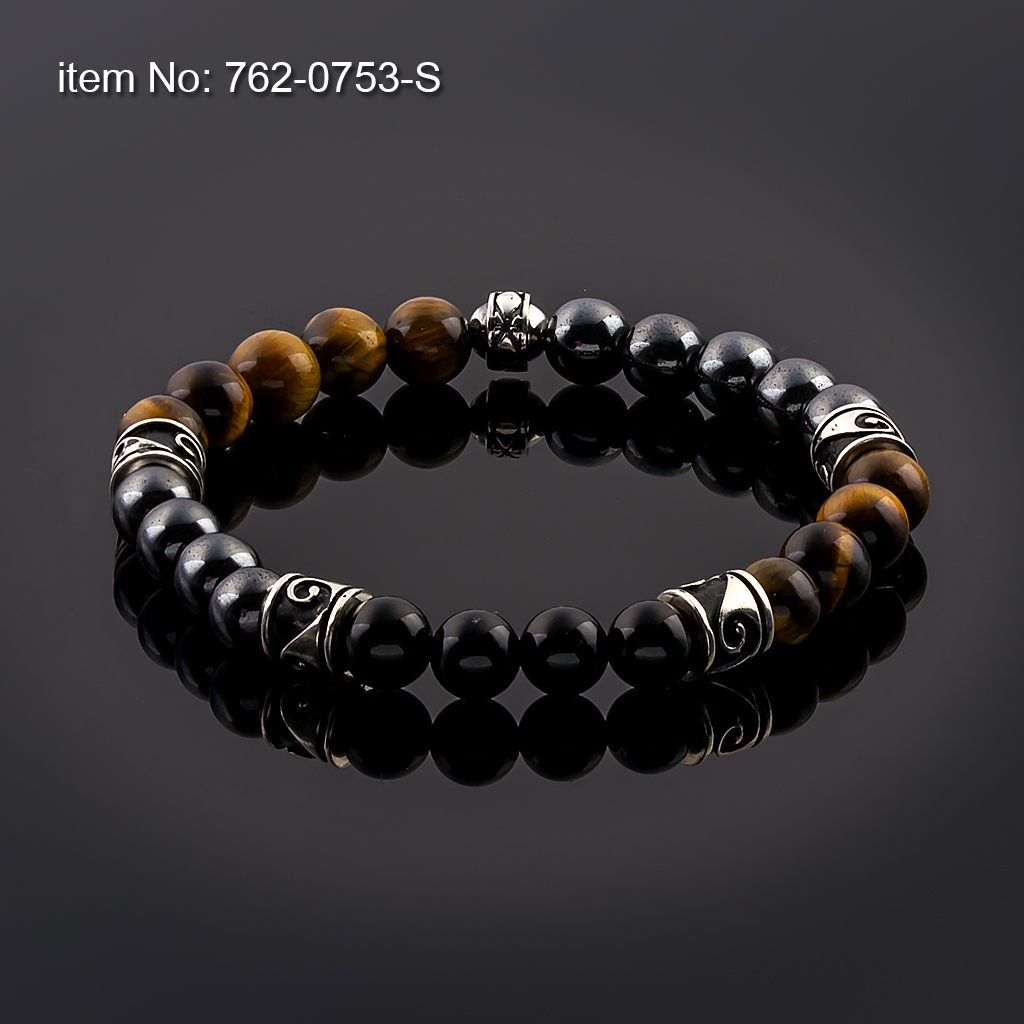 Sterling Silver Bracelet with 8mm onyx, hematite and tiger eye beads flexible