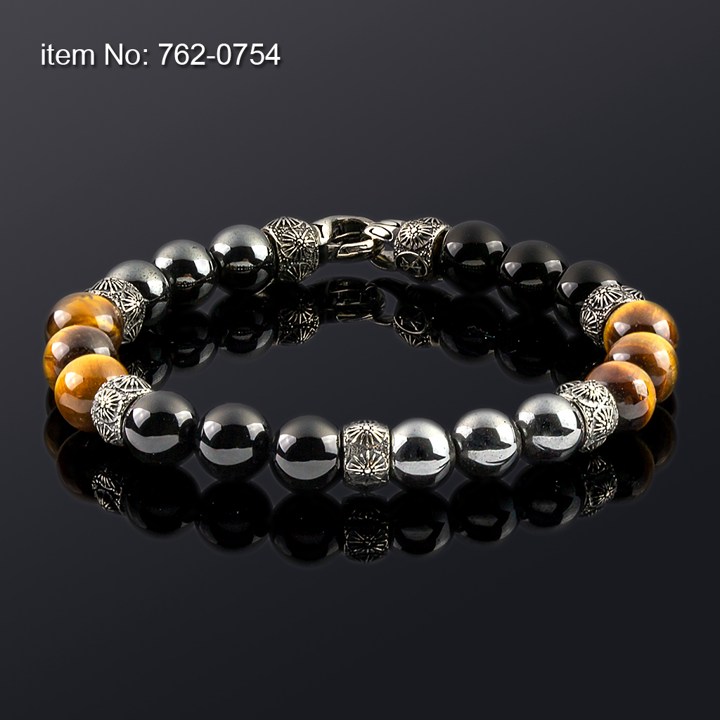 Ασημένιο Βραχιόλι 925° με μοτίφ vergina sun και χάντρες από όνυχα, αιματίτη και μάτι της τίγρης 10mm