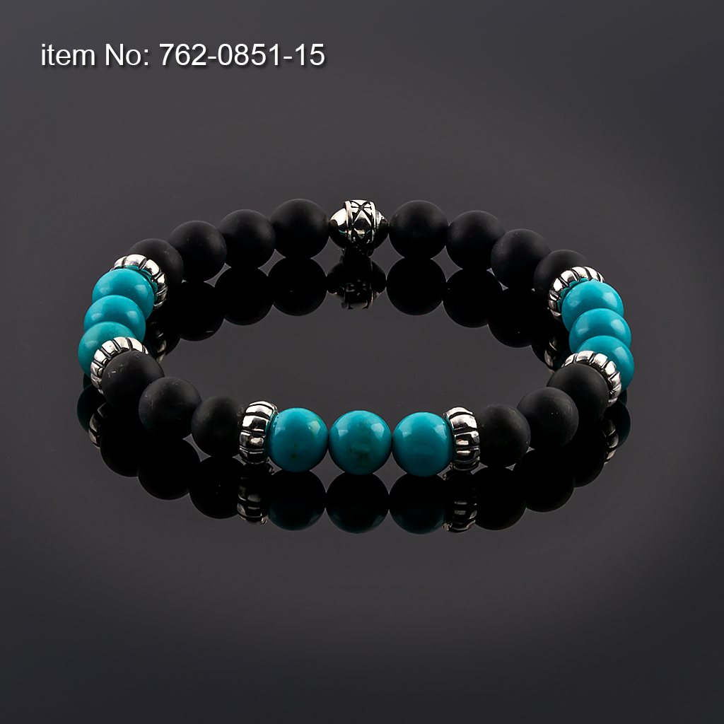 Bracelet Black Onyx and Turquoise Beads 8mm with sterling silver washers tied with elastic cord
