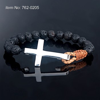 Ασημένιο βραχιόλι σταυρός με Black Lava ή άλλες ημιπολύτιμες πέτρες χάντρες 14_762-0205n