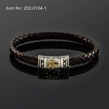 Ασημένιο & Κ14 Χρυσό βραχιόλι με μοτίφ κρίνα & γνήσιο πλεκτό δέρμα 202-0104-1n