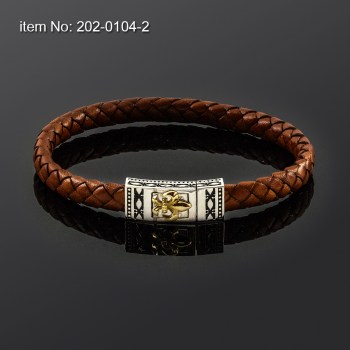 Ασημένιο & Κ14 Χρυσό βραχιόλι με μοτίφ κρίνα & γνήσιο πλεκτό δέρμα 202-0104-2n