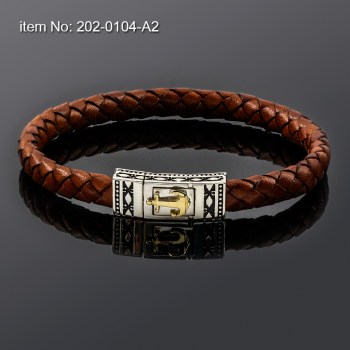 Ασημένιο & Κ14 Χρυσό βραχιόλι με μοτίφ άγκυρα & γνήσιο πλεκτό δέρμα 202-0104-A2n