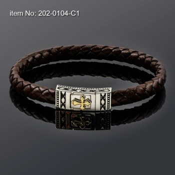 Ασημένιο & Κ14 Χρυσό βραχιόλι με μοτίφ σταυρό & γνήσιο πλεκτό δέρμα 202-0104-C1n