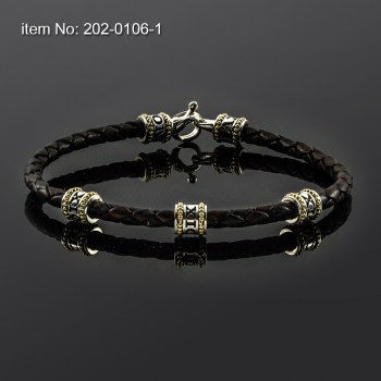 Ασημένιο & Κ14 Χρυσό βραχιόλι με μοτίφ Axion & γνήσιο πλεκτό δέρμα 202-0106-1n