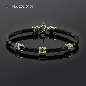 Ασημένιο & Κ14 Χρυσό βραχιόλι με μοτίφ Axion & γνήσιο πλεκτό δέρμα 202-0106n