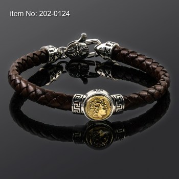 Ασημένιο & Κ14 Χρυσό βραχιόλι με μοτίβο νόμισμα Μ. Αλέξανδρος & με γνήσιο πλεκτό δέρμα 202-0124n