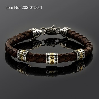 Ασημένιο & Κ14 Χρυσό βραχιόλι με μοτίφ Μαίανδρο και με γνήσιο πλεκτό δέρμα 202-0150-1n3