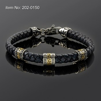 Ασημένιο & Κ14 Χρυσό βραχιόλι με μοτίφ Μαίανδρο και με γνήσιο πλεκτό δέρμα 202-0150n