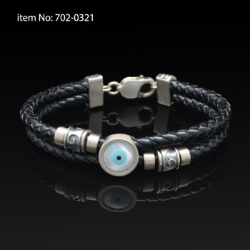 925° Ασημένιο βραχιόλι με μοτίφ μάτι και γνήσιο πλεκτό μαύρο δέρμα - Πατήστε εδώ για περισσότερα χρώματα - 702-0321