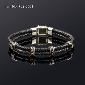 925°Ασημένιο Βραχιόλι με μοτίφ και μαύρα ζιργκόν και με γνήσιο πλεκτό δέρμα - Πατήστε εδώ για περισσότερα χρώματα - 702-0501_na