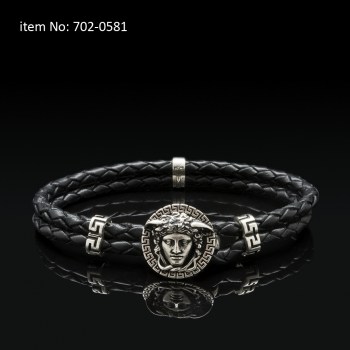 Ασημένιο βραχιόλι 925° με μοτίφ Μέδουσα, μαιάνδρους και γνήσιο πλεκτό δέρμα 702-0581