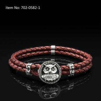 Ασημενιο βραχιόλι 925° με μοτίφ κουκουβάγια, μαιάνδρους και γνήσιο πλεκτό κόκκινο δέρμα - Πατήστε εδώ για περισσότερα χρώματα - 702-0582-1