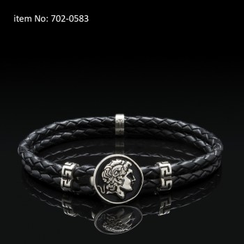 Ασημένιο βραχιόλι 925° με μοτίφ Μέγα Αλέξανδρο, μαιάνδρους και γνήσιο πλεκτό δέρμα - Πατήστε εδώ για περισσότερα χρώματα - 702-0583