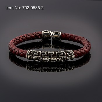 925° Ασημένιο βραχιόλι με μοτίφ διπλό μαίανδρο & γνήσιο πλεκτό δέρμα 5mm - Πατήστε εδώ για περισσότερα χρώματα - 702-0585-2n