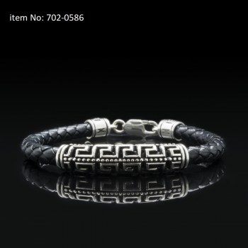 925° Ασημένιο βραχιόλι με μοτίφ διπλό μαίανδρο & γνήσιο πλεκτό δέρμα 5mm - Πατήστε εδώ για περισσότερα χρώματα - 702-05861