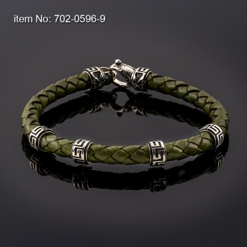 925° Ασημένιο βραχιόλι με μοτίφ γκρέκα & γνήσιο πλεκτό δέρμα - Πατήστε εδώ για περισσότερα χρώματα - 702-0596-9n