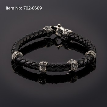 Βραχιόλι με ασημένια στοιχεία ήλιο της βεργίνας και γνήσιο δέρμα - Πατήστε εδώ για περισσότερα χρώματα - 702-0609n