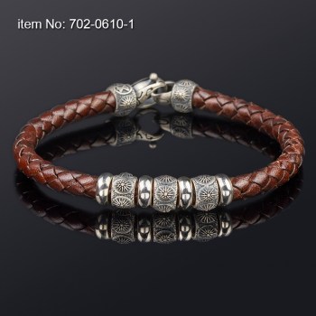 Ασημένιο βραχιόλι 925° με μοτίβο vergina sun και με γνήσιο πλεκτό καφέ δέρμα 6 mm - Πατήστε εδώ για περισσότερα χρώματα - 702-0610-1n