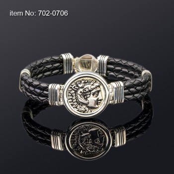 Ασημένιο Βραχιόλι 925° με μοτίβο νόμισμα Μ. Αλέξανδρος 22mm και γνήσιο μαύρο τριπλό δέρμα 4mm 702-0706_na