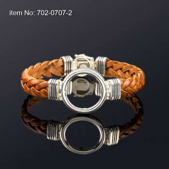 Ασημένιο Βραχιόλι 925° με μοτίβο νόμισμα 22mm και γνήσιο πλεκτό tan δέρμα 10mm 702-0707-2_na
