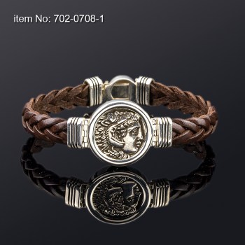 Ασημένιο Βραχιόλι 925° με μοτίβο νόμισμα Μ. Αλέξανδρος 22mm και γνήσιο πλεκτό καφέ δέρμα 10mm 702-0708-1_na