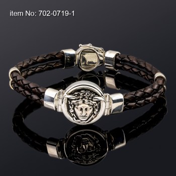 Ασημένιο Βραχιόλι 925° μέδουσα 20mm και γνήσιο καφέ δέρμα 4mm 702-0719-1n