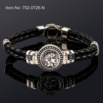 Ασημένιο Βραχιόλι 925° με μοτίβο νόμισμα Αθηνά 16mm και γνήσιο μαύρο δέρμα 4mm 702-0726-Nn