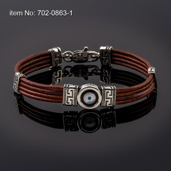 Βραχιόλι με ασημένιο μαίανδρο και το μάτι της τύχης (12mm wide) και γνήσιο δέρμα - Πατήστε εδώ για περισσότερα χρώματα - 702-0863-1n