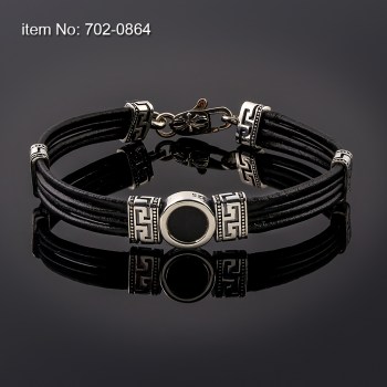 Βραχιόλι με ασημένιο μαίανδρο και ορυκτή πέτρα στο κέντρο (12mm wide) και γνήσιο δέρμα 702-0864n