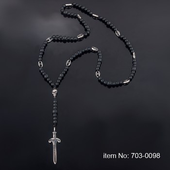 925° Ασημένιο Κολίε με σπαθί, νεκροκεφαλί & μαύρο onyx 703-0098n