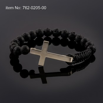 Ασημένιο βραχιόλι σταυρός με Black Lava ή άλλες ημιπολύτιμες πέτρες χάντρες 762-0205-00n