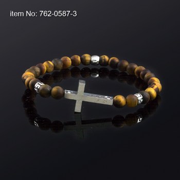 925° Ασημένιο βραχιόλι με σταυρό, ροδέλες με μοτίφ γκρέκα και μάτι τίγρης ματ 8mm 762-0587-3